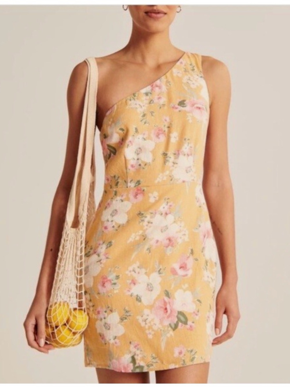 Abercrombie & Fitch One-Shoulder Floral Mini Dress in Mustard Yellow